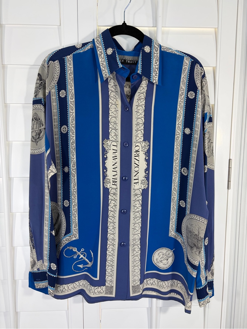 Vintage Linda Allard Ellen Tracy 100% Silk Blue Patterned Button-Up Shirt (8) - Picture 1 of 7
